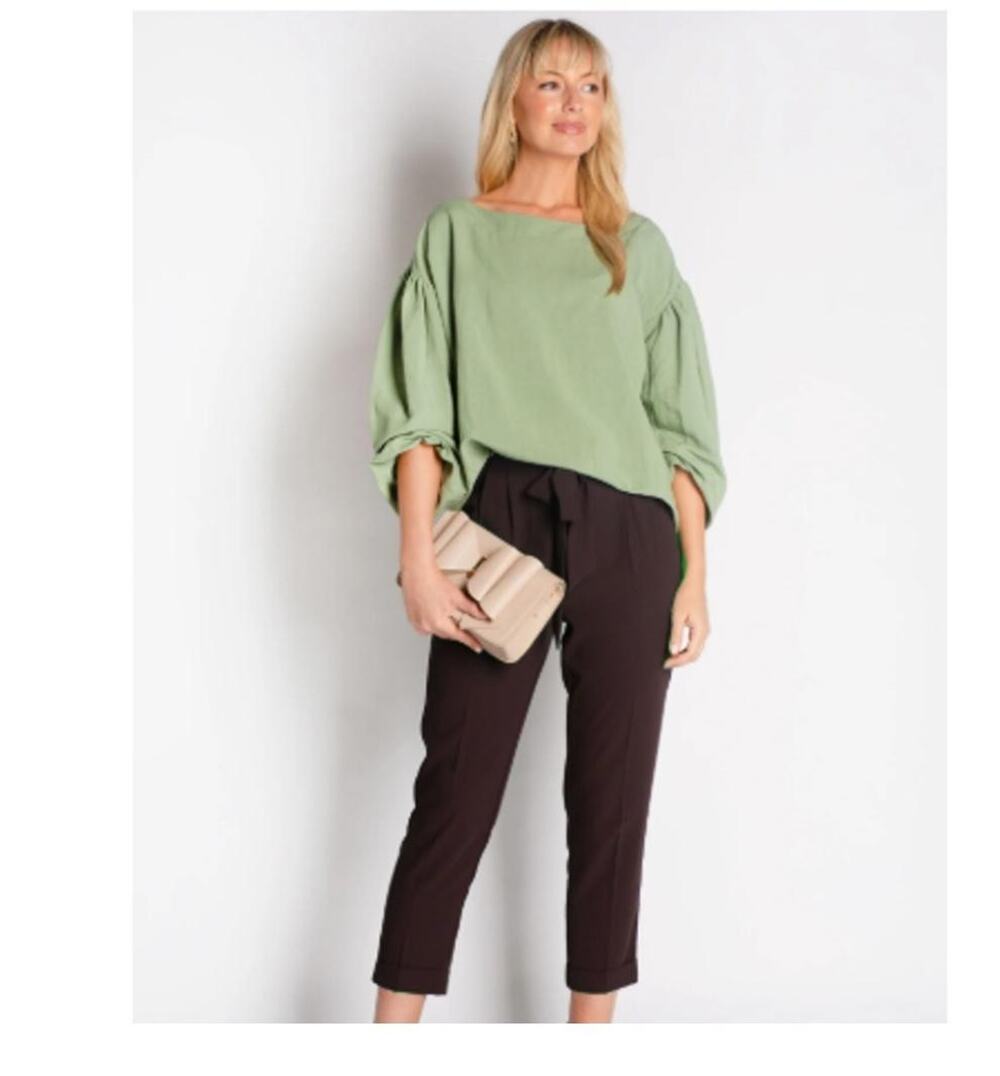 Camilyn Beth Top Women's Size XS Green Linen Blend Puff Sleeve Blouse Chic